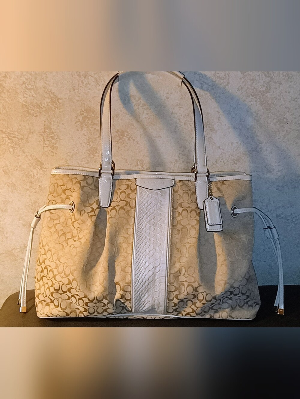 NWT Coach Signature Stripe Drawstring Carryall Khaki Chalk White F31308